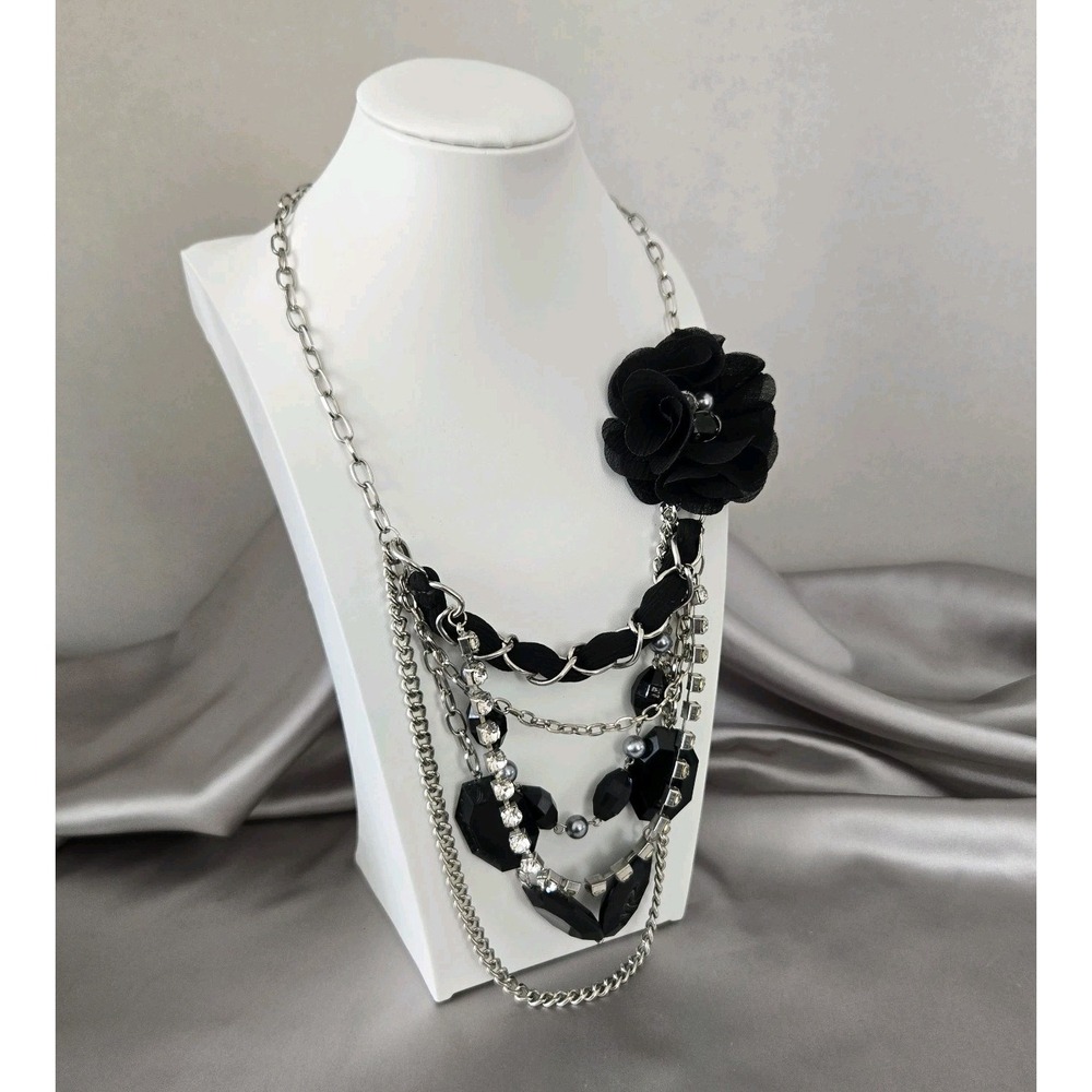 Women's Silver Tone Mixed Media Multi Strand Statement Necklace Goth Gypsy Vibes